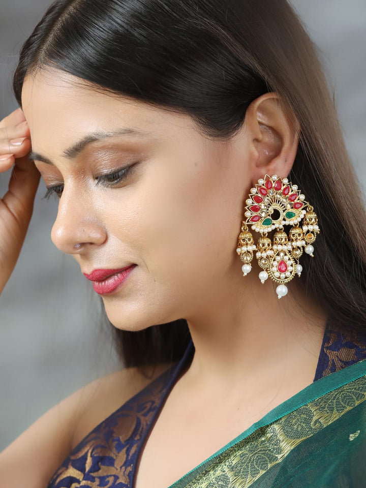 Multi-Color Kundan Pearls Gold Plated Jhumka Earring