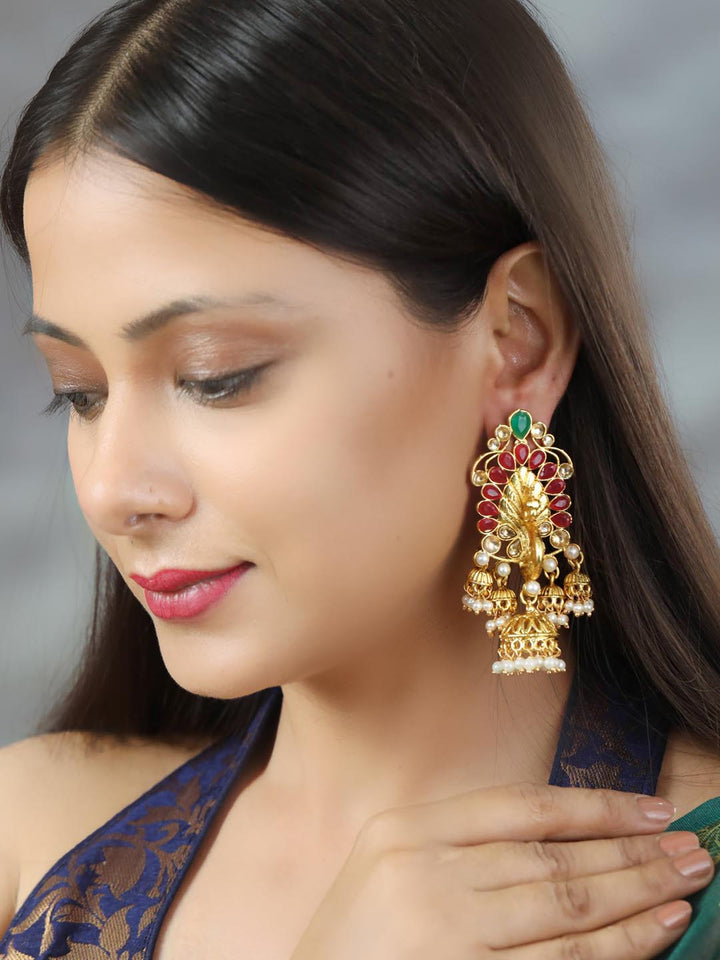 Multi-Color Kundan Pearls Gold Plated Jhumka Earring