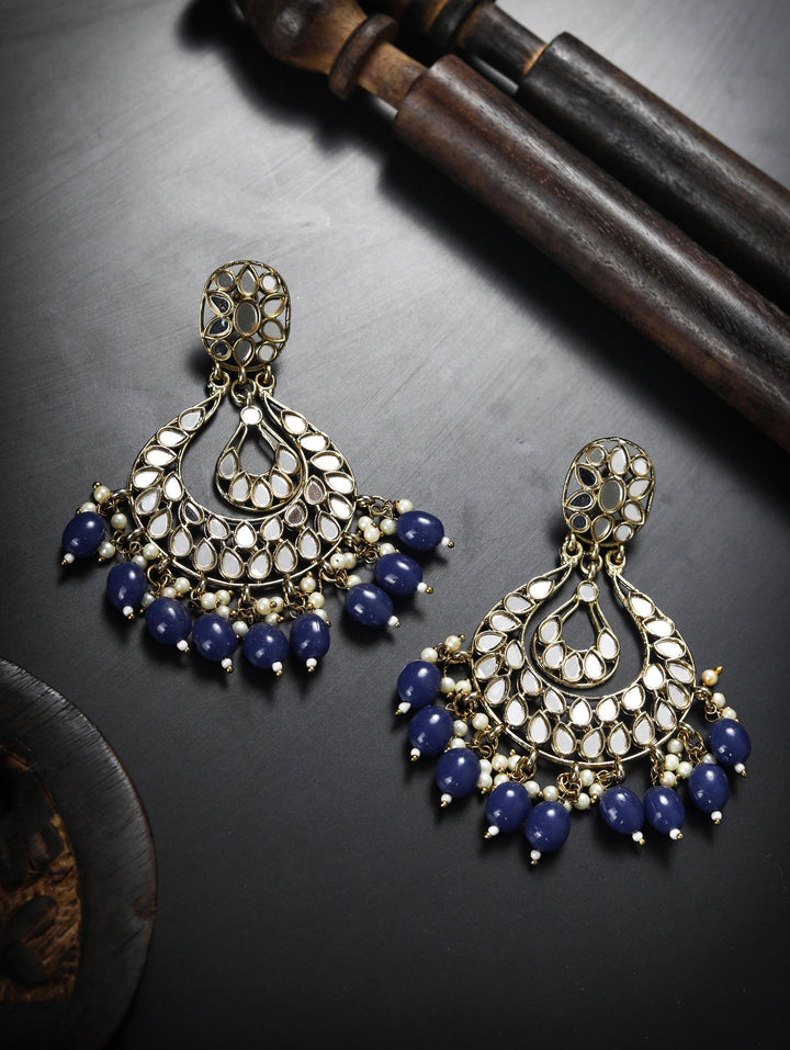 Pearls Sapphire Mirror Studded Gold Plated Chandbali Earring