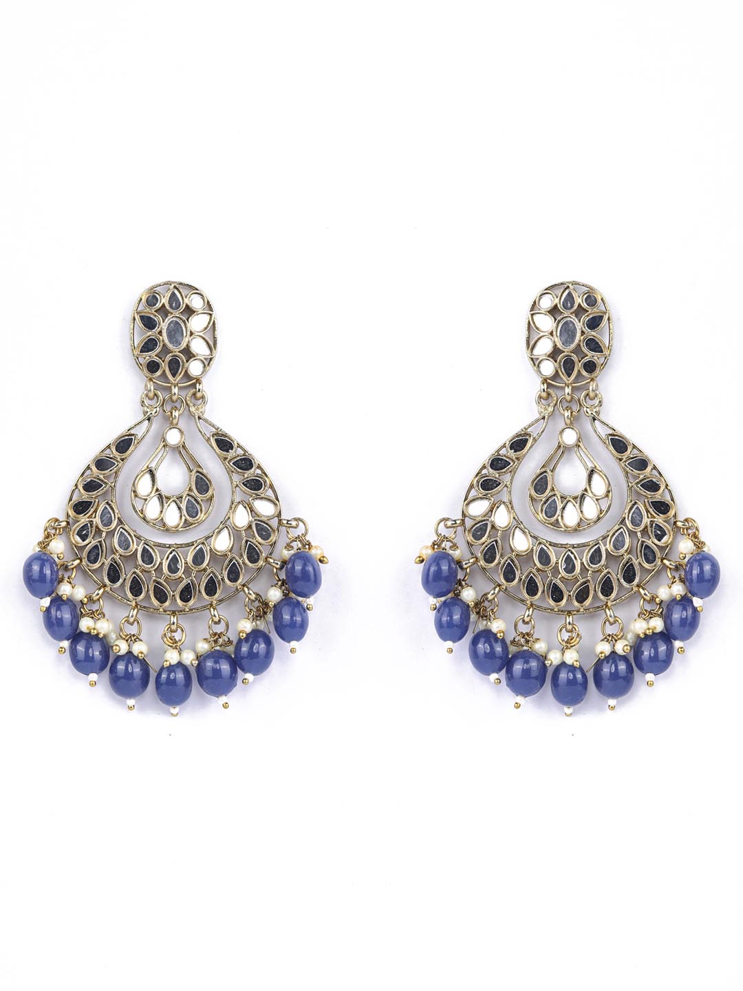 Pearls Sapphire Mirror Studded Gold Plated Chandbali Earring