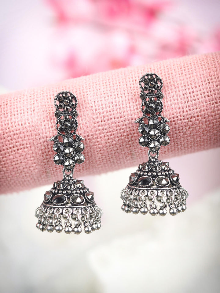 Black Stones Studded Silver Plated Oxidized Jhumka Earring