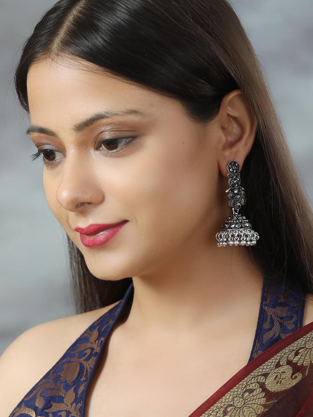 Black Stones Studded Silver Plated Oxidized Jhumka Earring