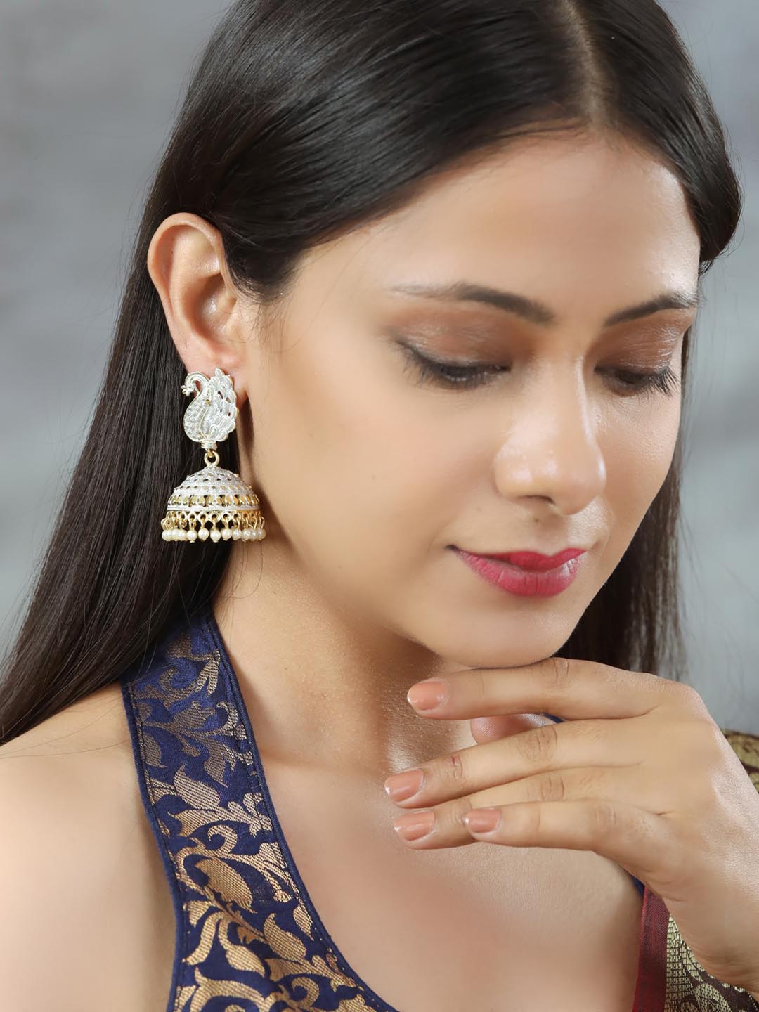 Grey Gold Plated Peacock Jhumka Earring