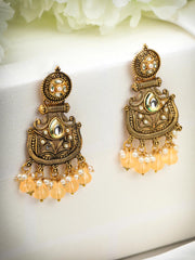 Orange Kundan Pearls Gold Plated Drop Earring