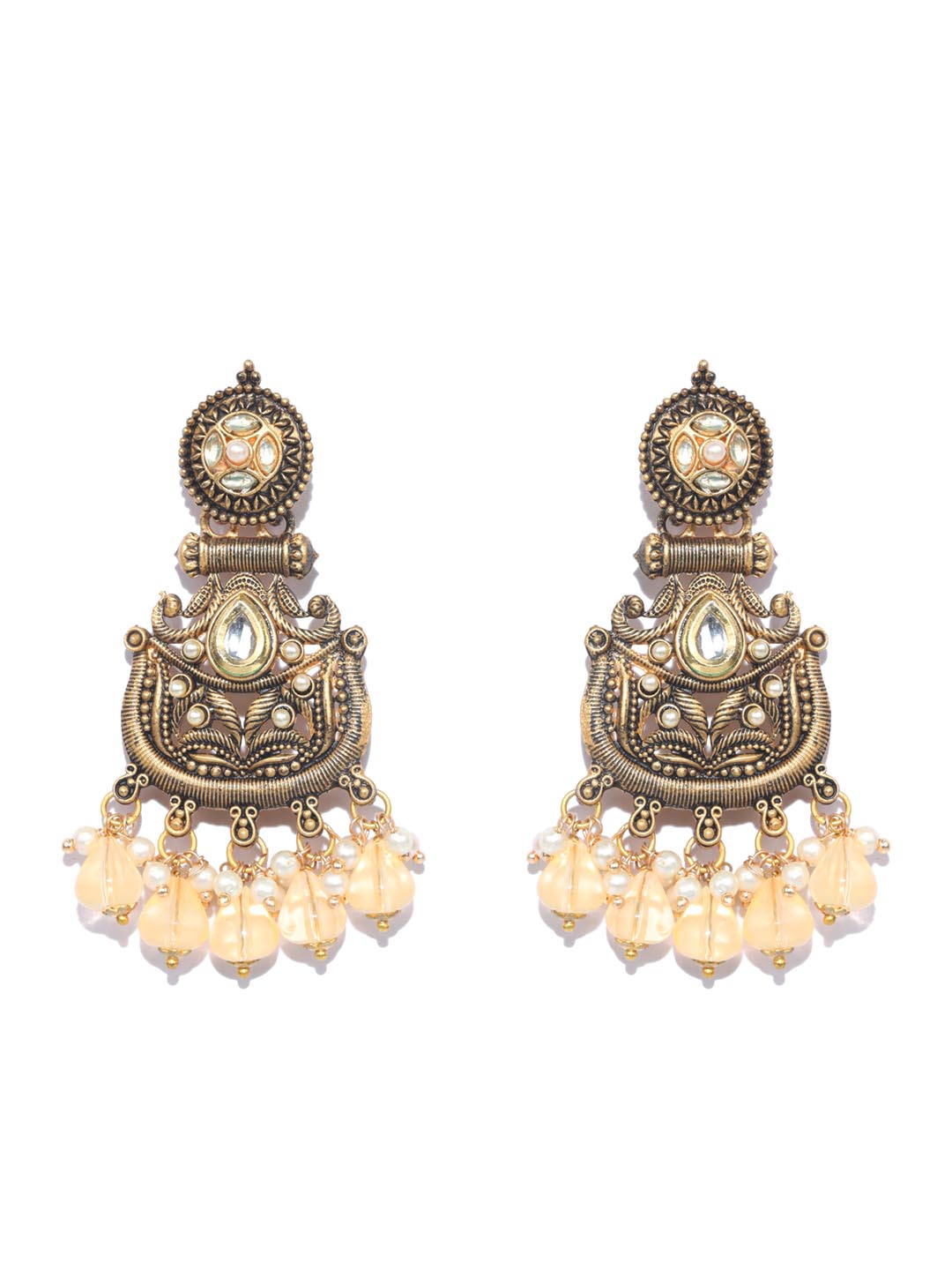 Orange Kundan Pearls Gold Plated Drop Earring