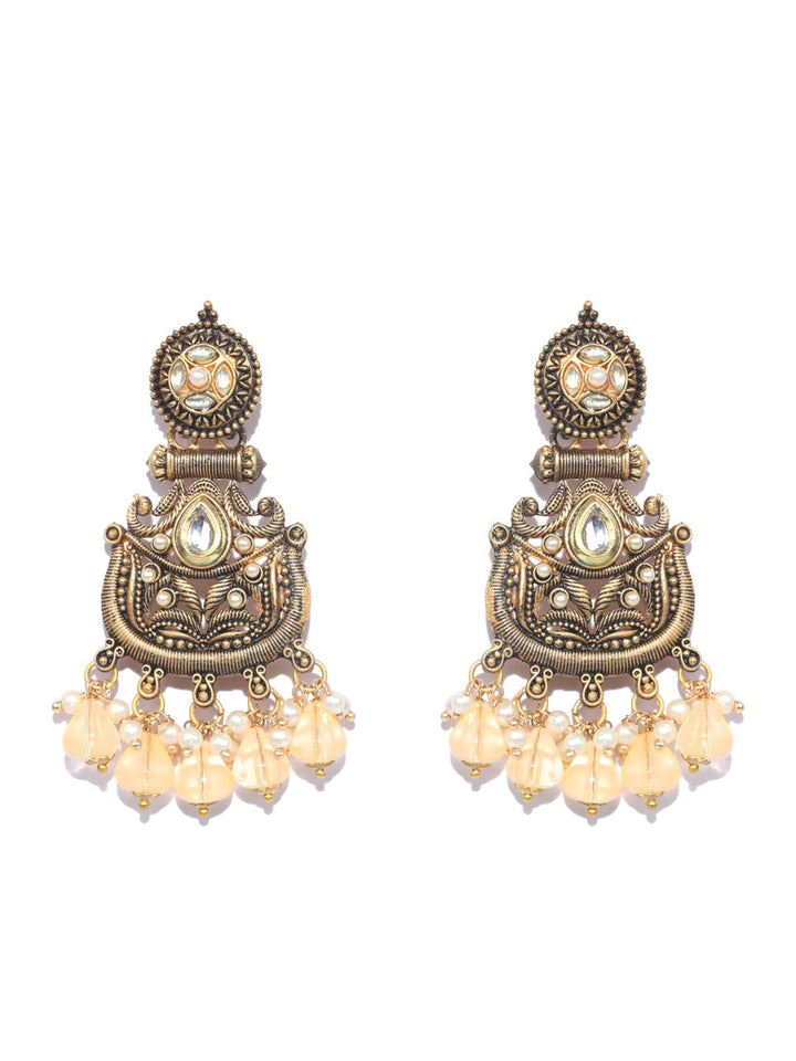 Orange Kundan Pearls Gold Plated Drop Earring