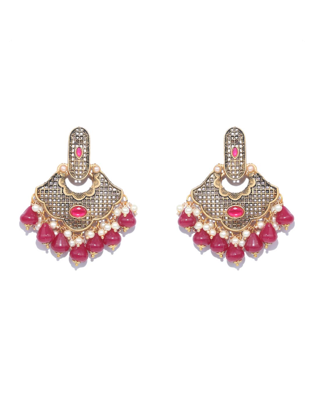 Magenta Kundan Pearls Gold Plated Chandbali Earring