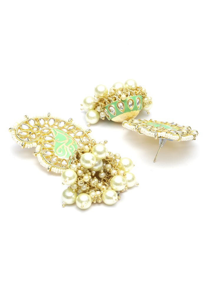 Green Kundan & Pearl Peacock Jhumka Earrings