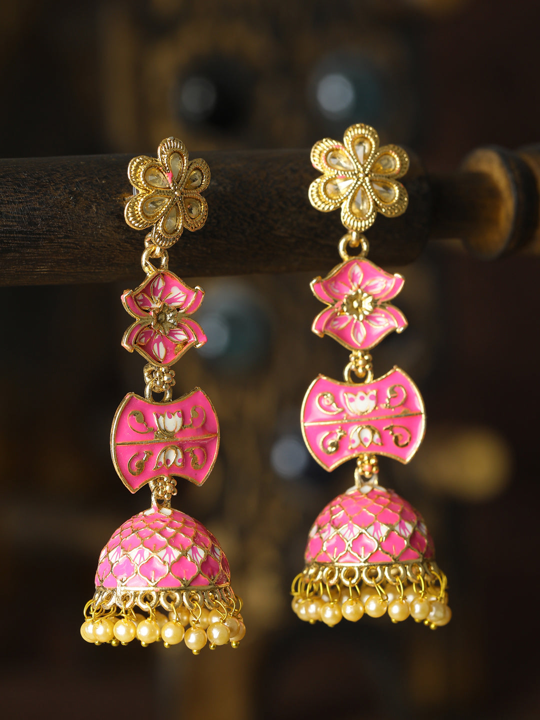 Pink Gold Plated Meenakari Floral Jhumka