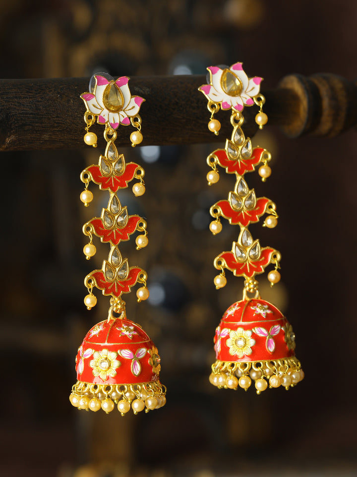 Red Gold Plated Meenakari Jhumka