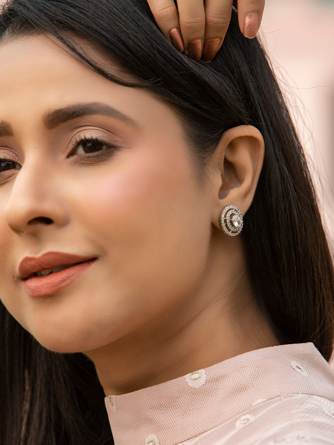 Silver Plated American Diamond Spherical Stud Earring