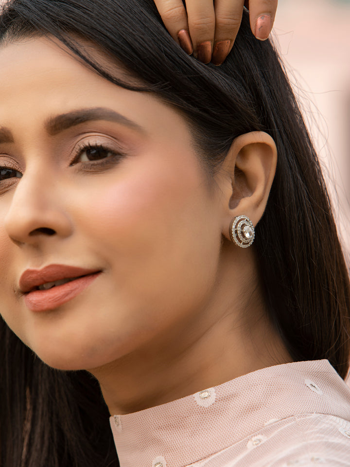 Silver Plated American Diamond Spherical Stud Earring