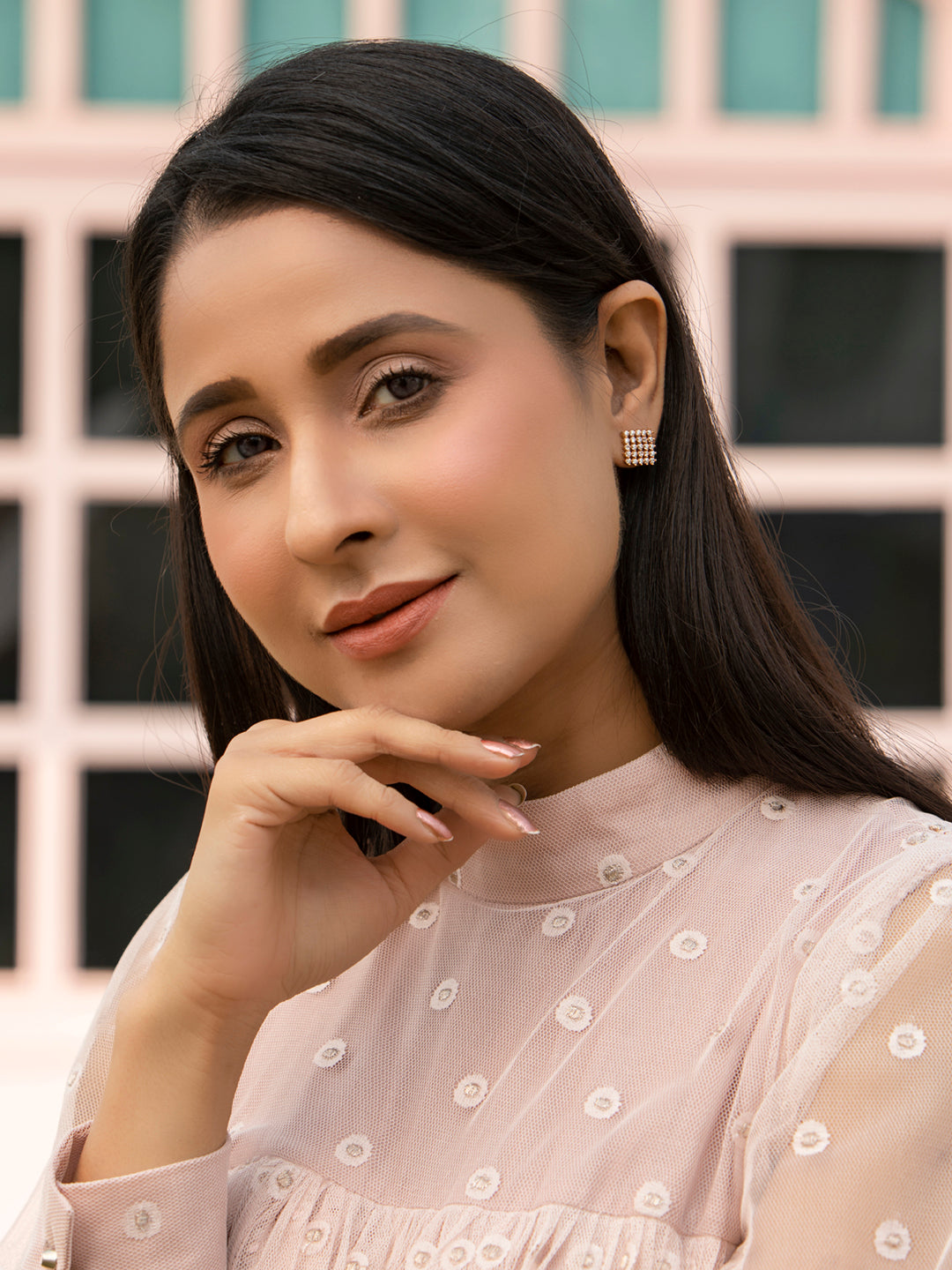 Silver Plated American Diamond Spherical Stud Earring