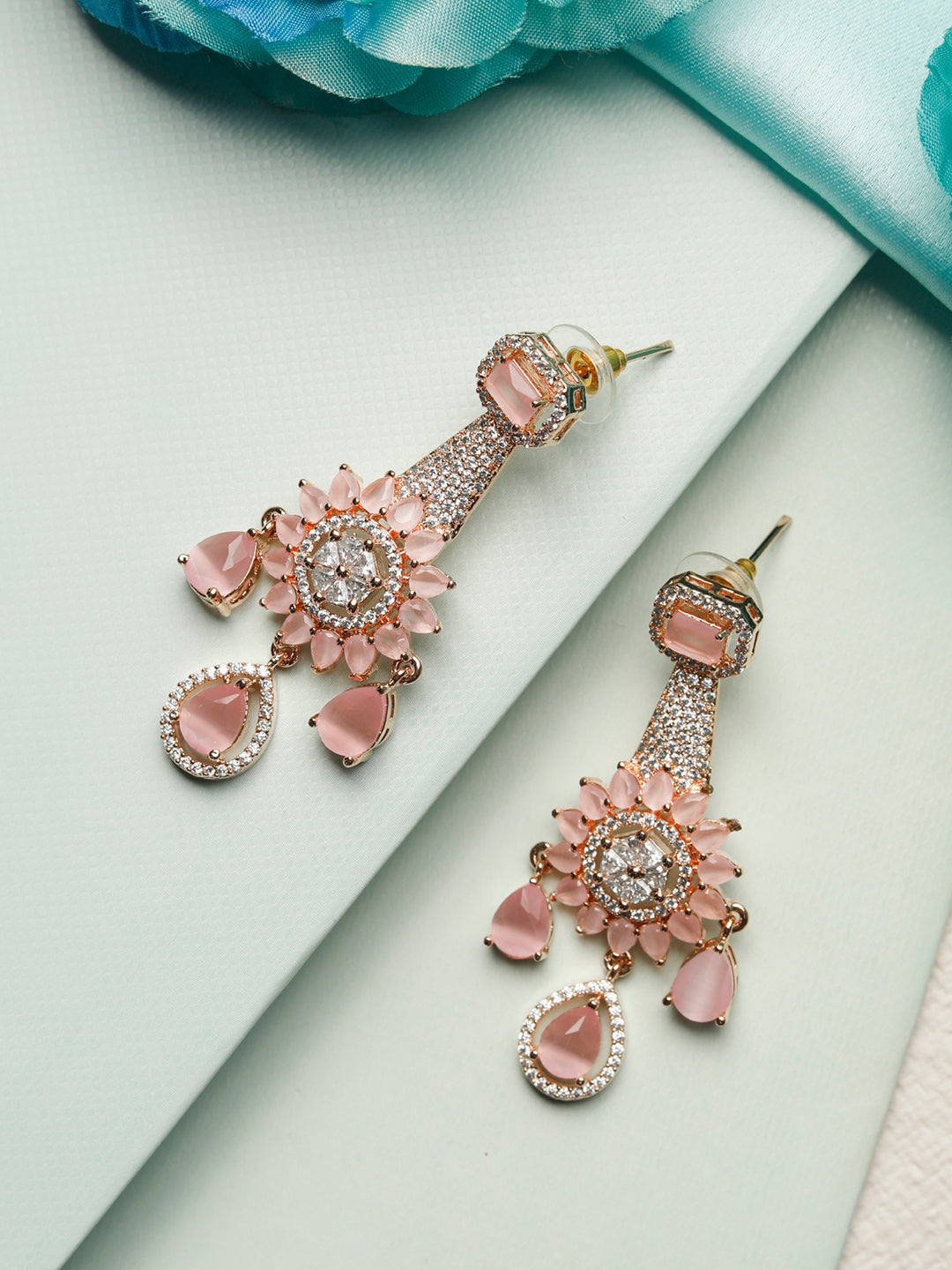 Contemporary Pink American Diamond Floral Studs