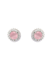 Pink American Diamond Silver Plated Floral Stud Earring