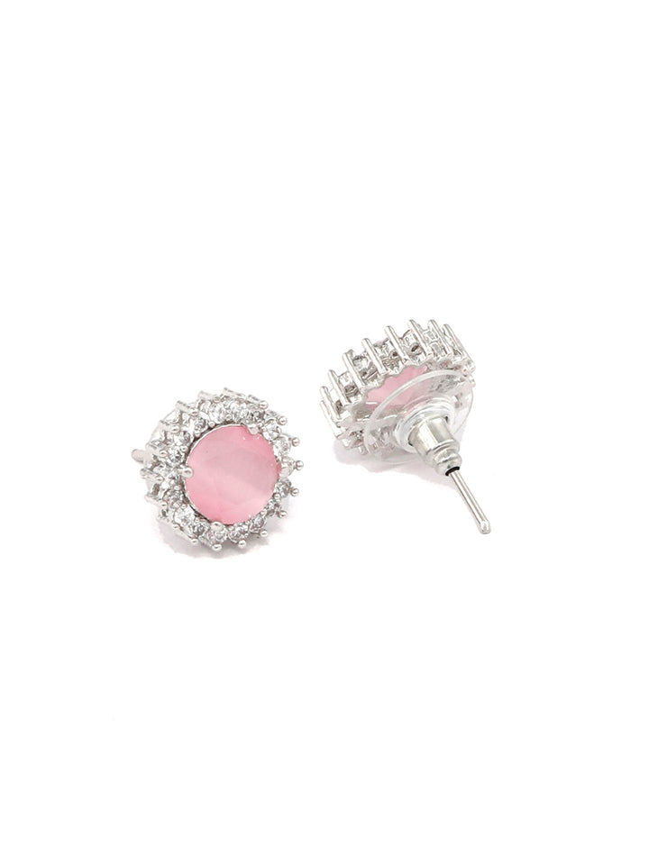 Pink American Diamond Silver Plated Floral Stud Earring