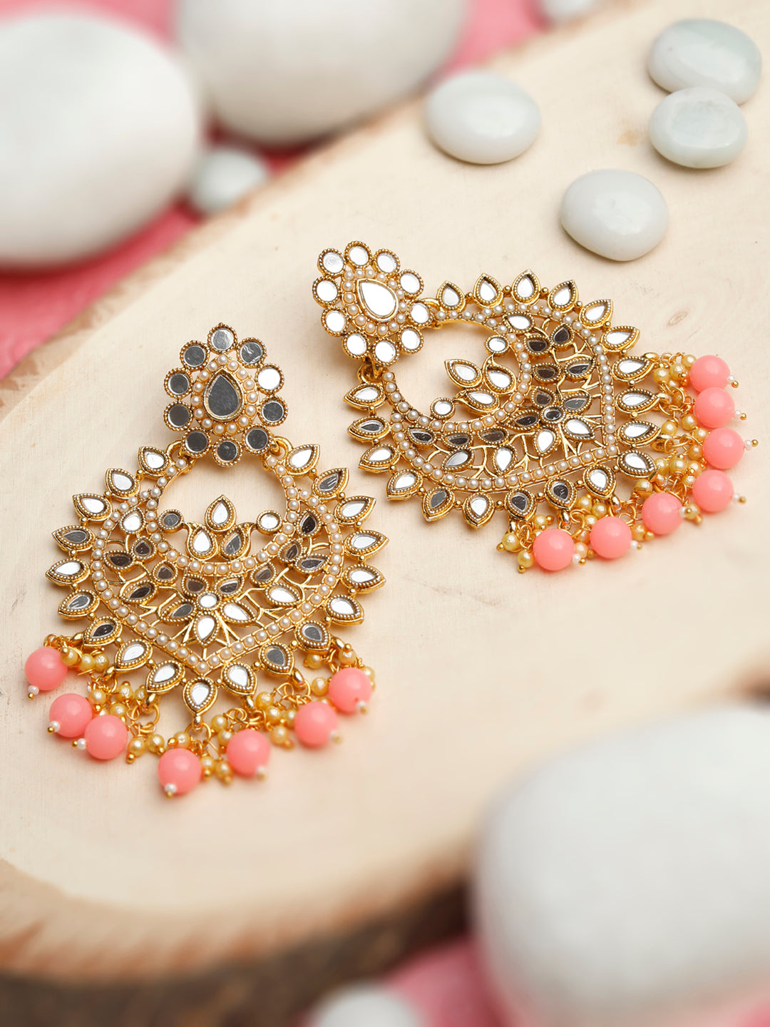 Mirror Studded Pink Gold Plated Floral Chandbalis