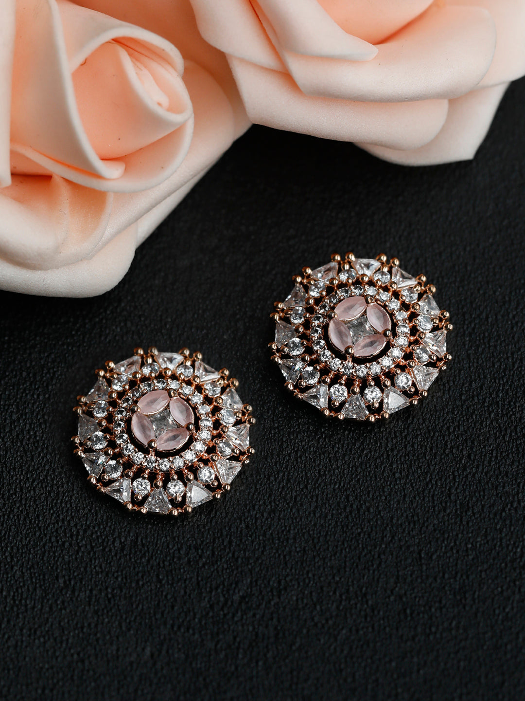 Pink Blooming Flower Rose Gold Studs
