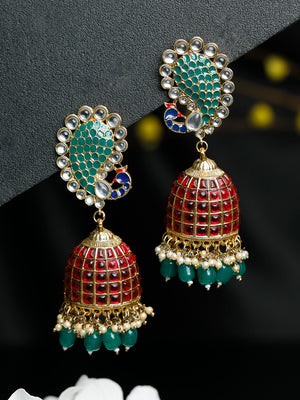 Traditional Ruby & Emerald Peacock Oversized Jhumkas