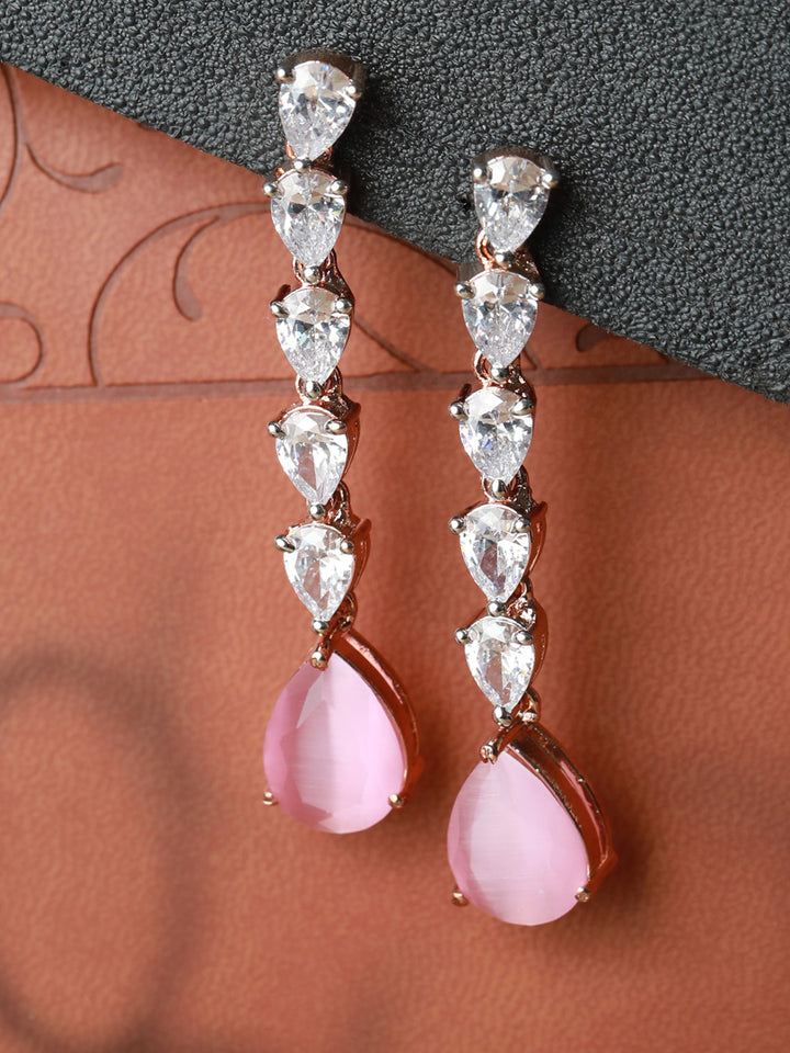 Pink American Diamond Tear Drop Earrings