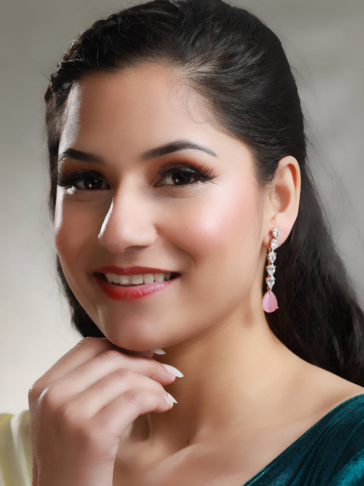 Pink American Diamond Tear Drop Earrings