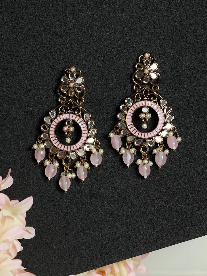 Priyaasi Mirror Studded Pink Enamelled Drop Earrings