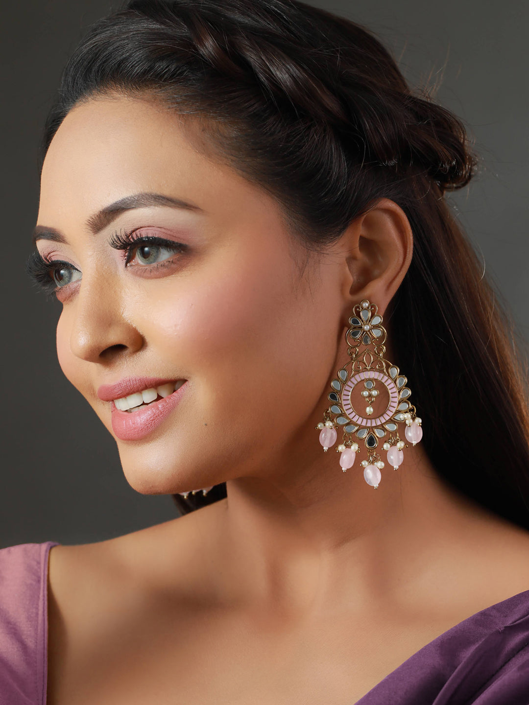 Priyaasi Mirror Studded Pink Enamelled Drop Earrings