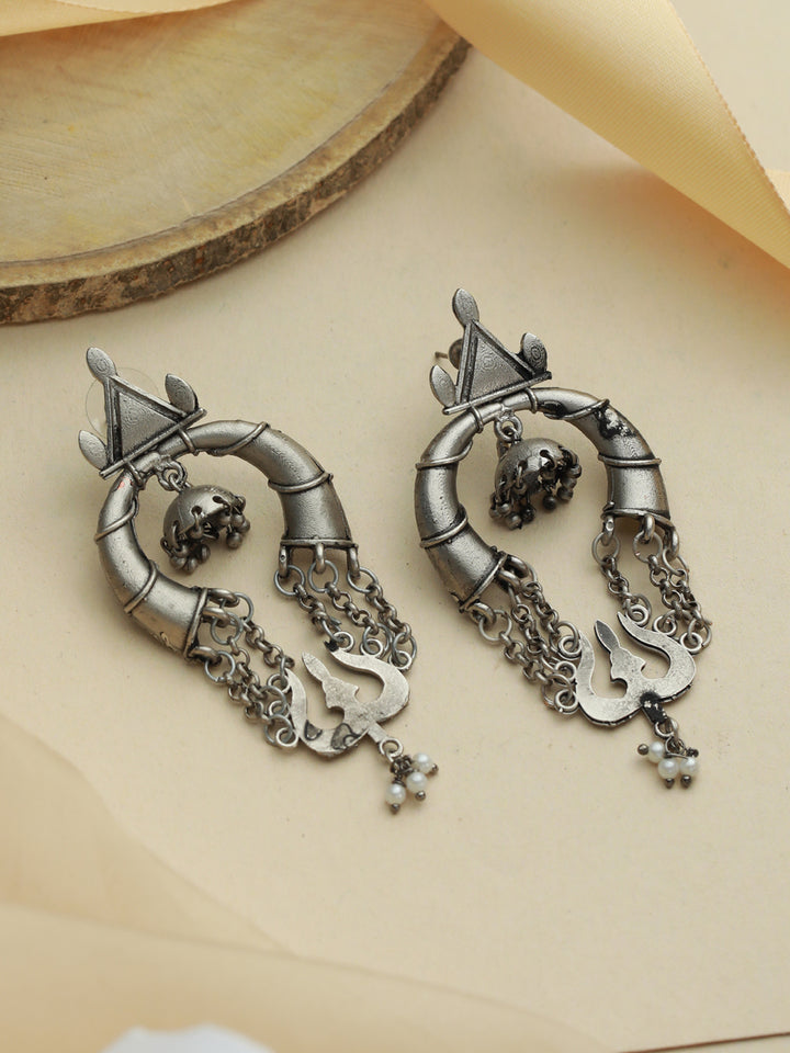 Priyaasi Trendy Oxidised Silver Trishul Drop Earrings
