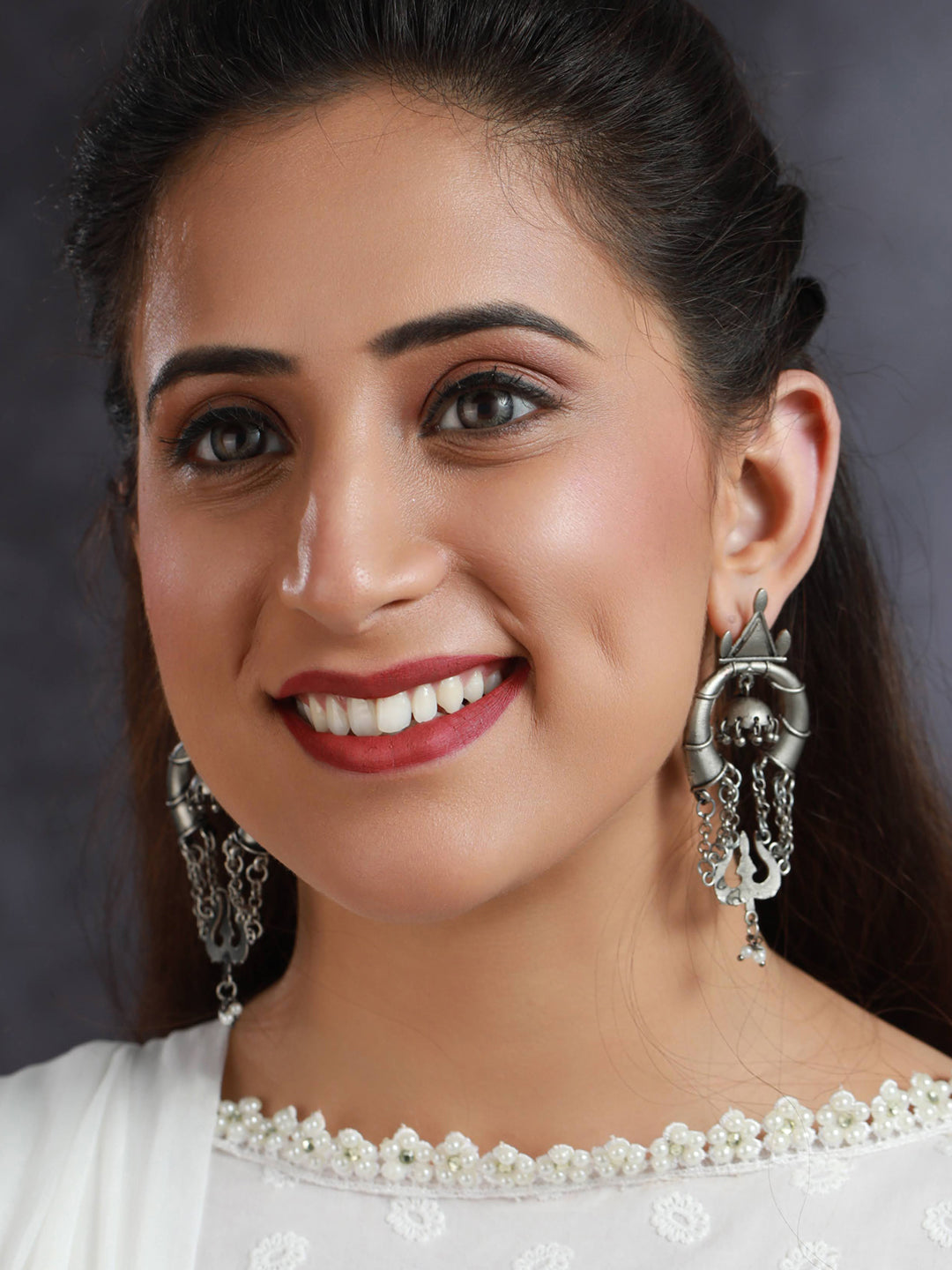 Priyaasi Trendy Oxidised Silver Trishul Drop Earrings