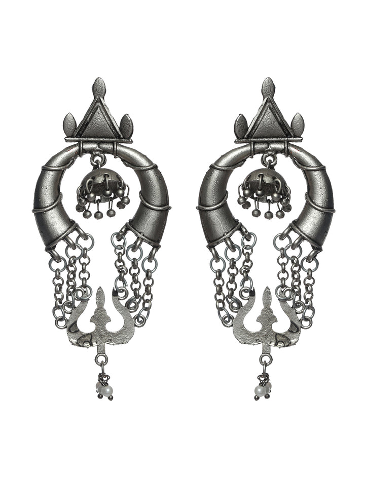 Priyaasi Trendy Oxidised Silver Trishul Drop Earrings