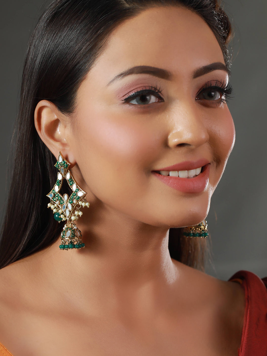 Priyaasi Green Enamelled Mirror Studded Drop Earrings