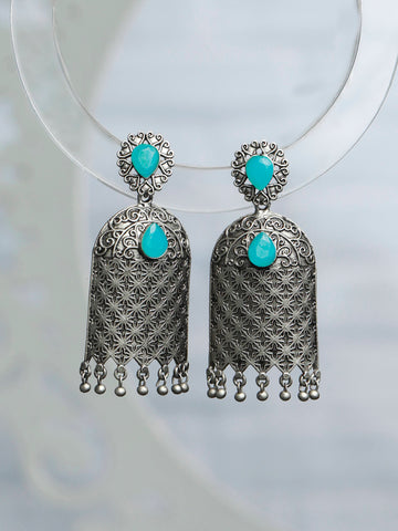 Priyaasi Oxidised Blue Stone Studded Drop Earrings