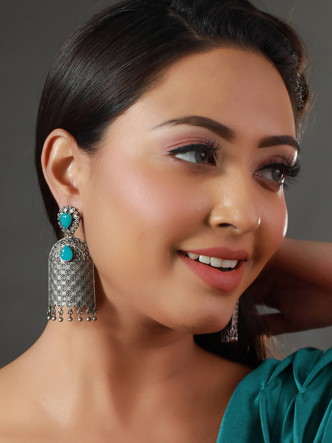 Priyaasi Oxidised Blue Stone Studded Drop Earrings