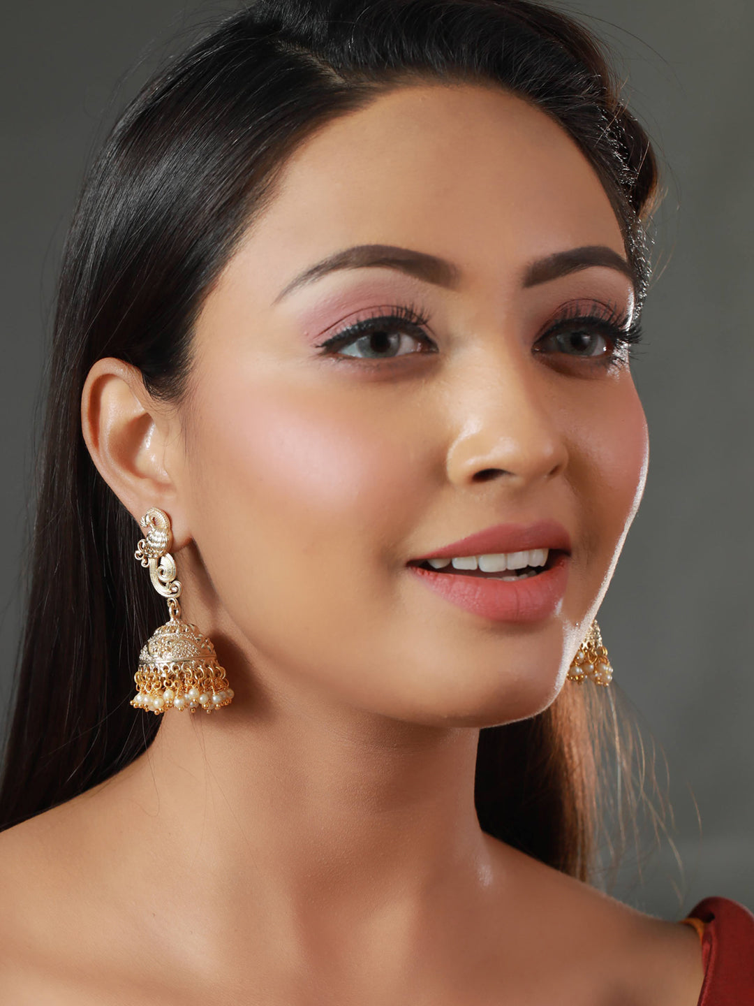 Priyaasi Peacock Pearl Drop Gold Plated Jhumka Earrings
