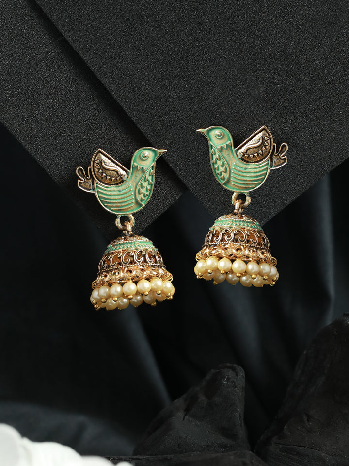 Priyaasi Green Bird Gold Plated Pearl Jhumka Earrings