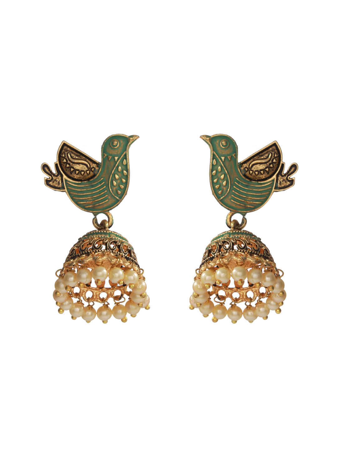 Priyaasi Green Bird Gold Plated Pearl Jhumka Earrings