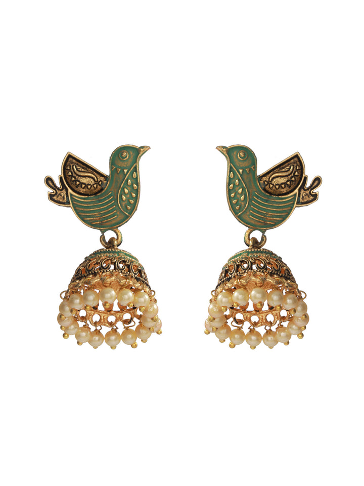 Priyaasi Green Bird Gold Plated Pearl Jhumka Earrings