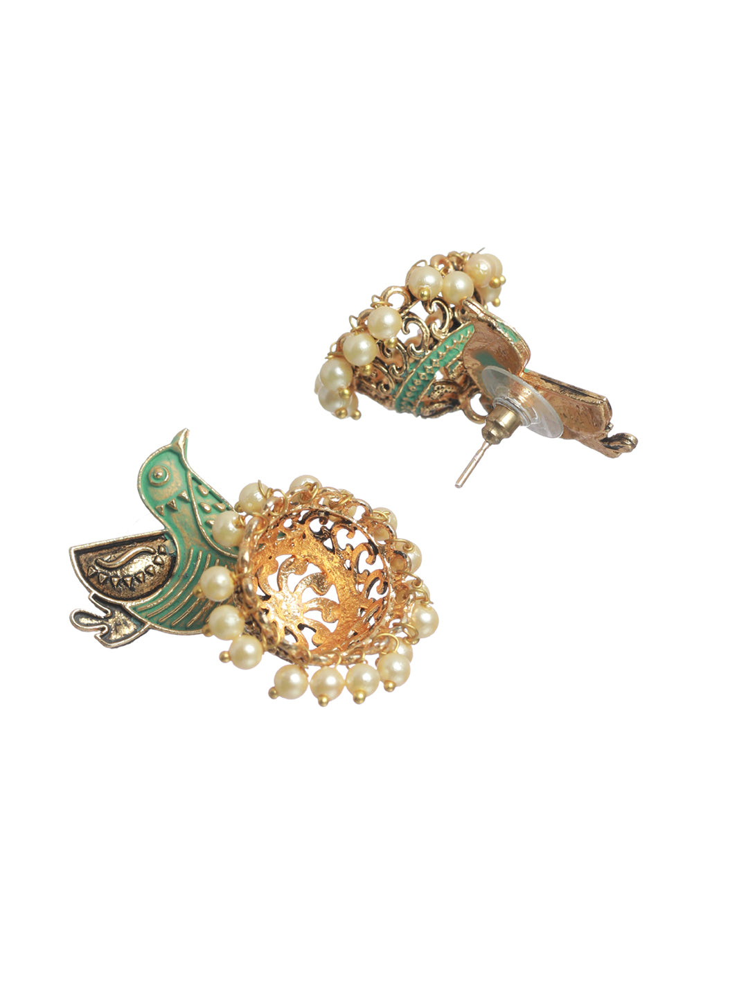 Priyaasi Green Bird Gold Plated Pearl Jhumka Earrings