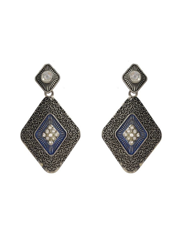 Priyaasi Blue Studded Oxidised Silver Geometric Drop Earrings