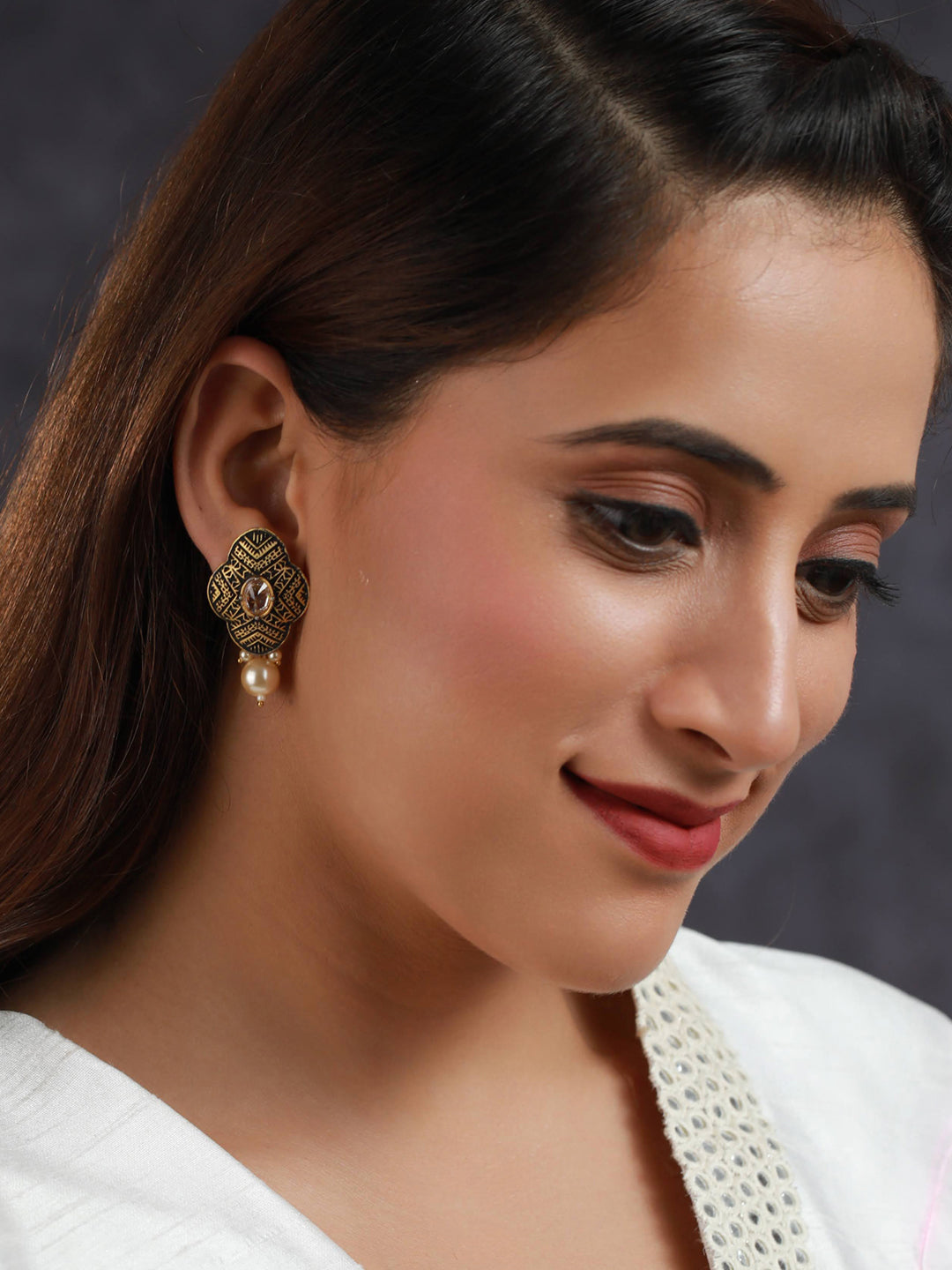 Priyaasi Black Studded Floral Gold Plated Pearl Drop Earrings