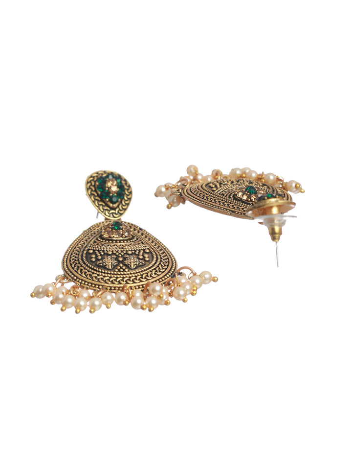 Priyaasi Green Leaf Gold Plated Pearl Drop Earrings