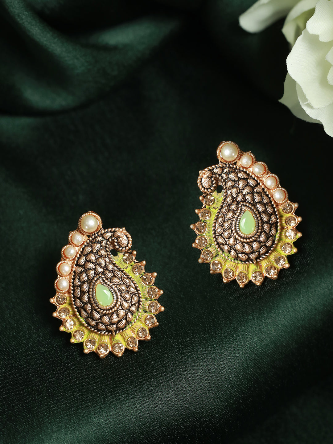 Priyaasi Green Studded Pearl Paisley Earrings