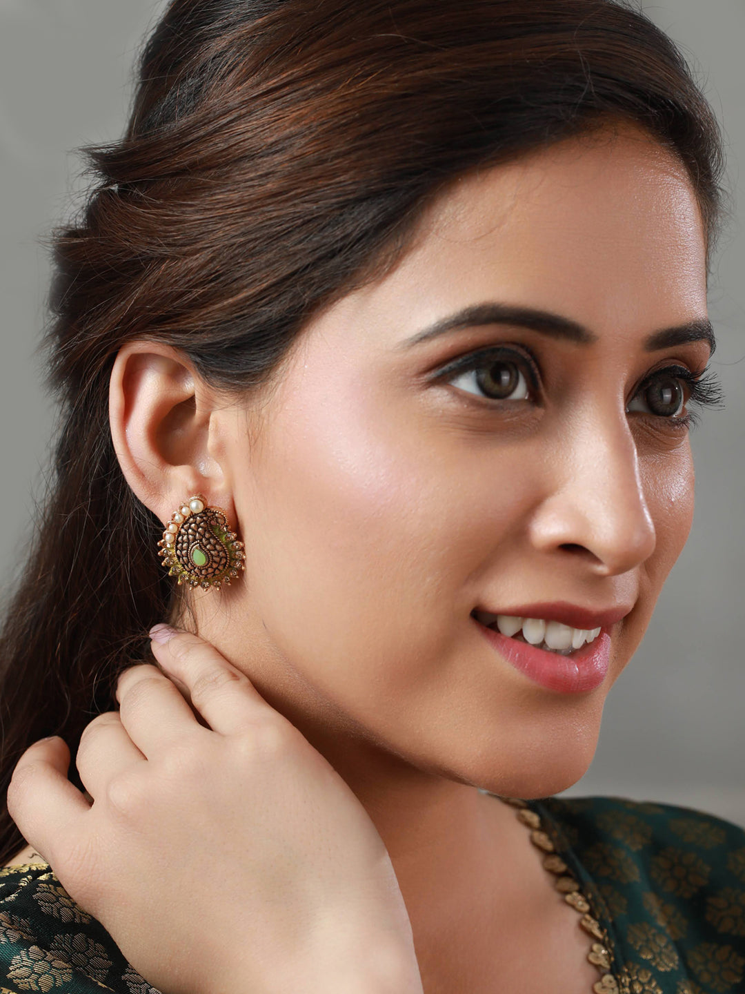 Priyaasi Green Studded Pearl Paisley Earrings