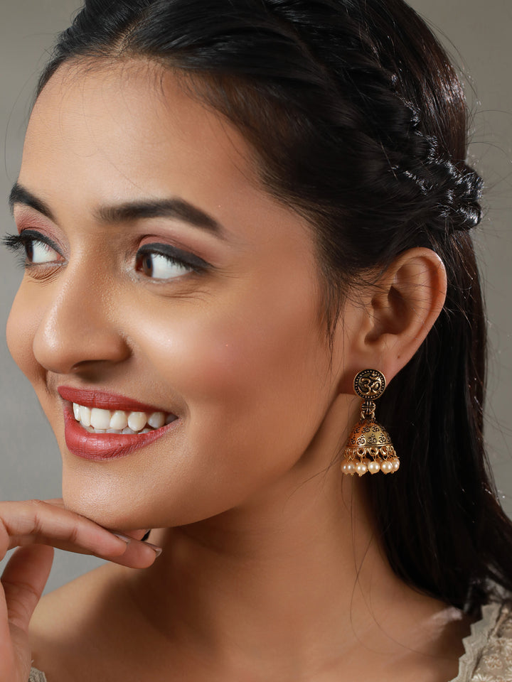 Priyaasi OM Embossed Gold Plated Jhumka Earrings
