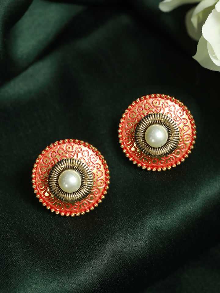 Priyaasi Red Floral Pearl Stud Gold Plated Earrings