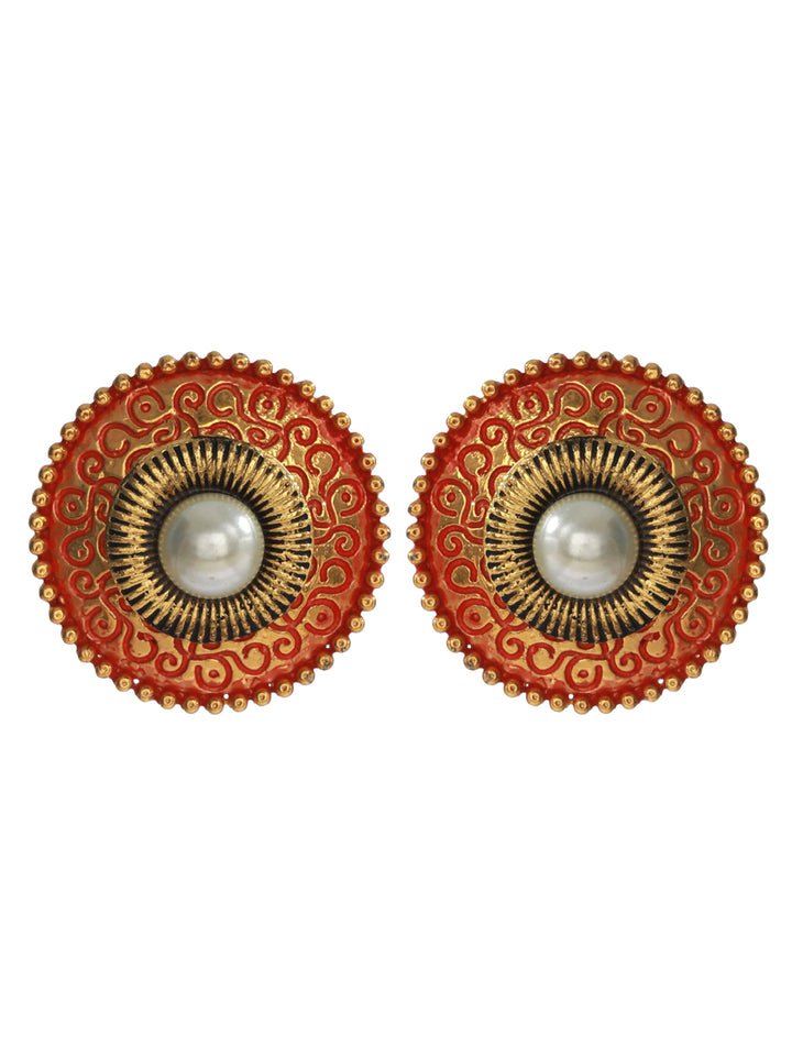 Priyaasi Red Floral Pearl Stud Gold Plated Earrings