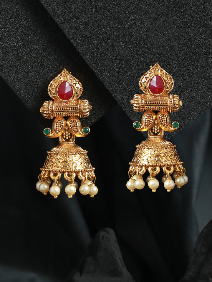 Priyaasi Red and Green Gold Plated Jhumka Earrings