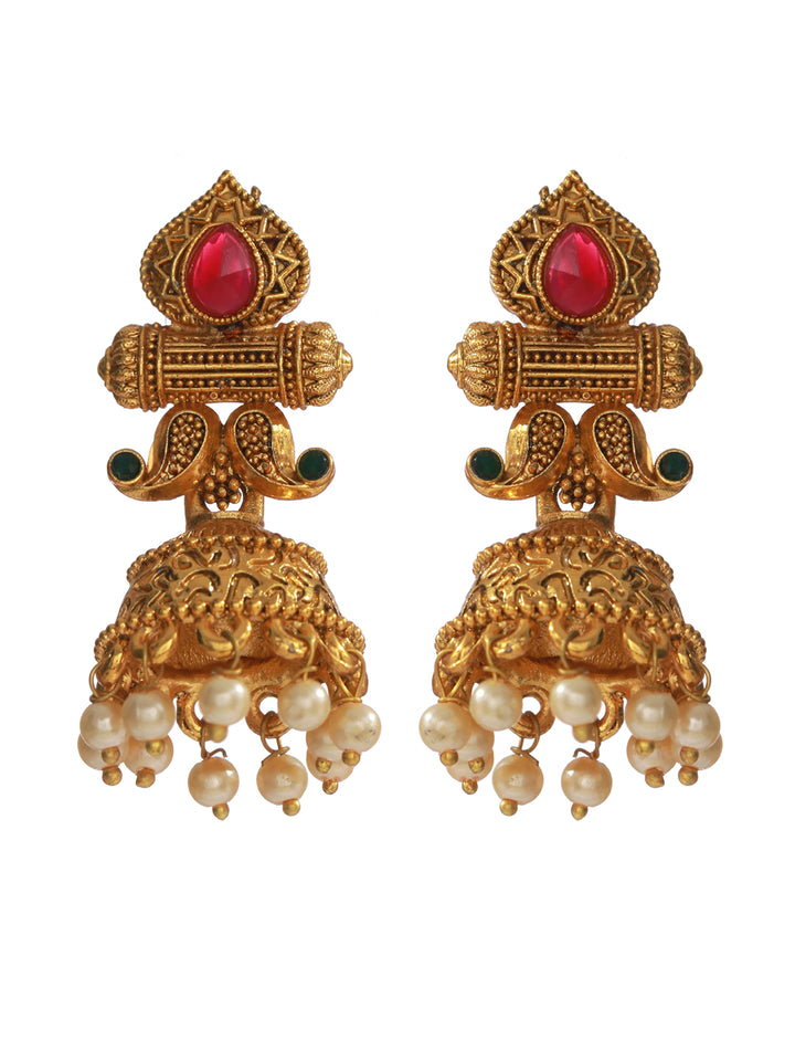 Priyaasi Red and Green Gold Plated Jhumka Earrings