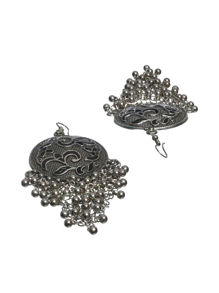 Priyaasi Floral Oxidised Silver Chunky Drop Earrings
