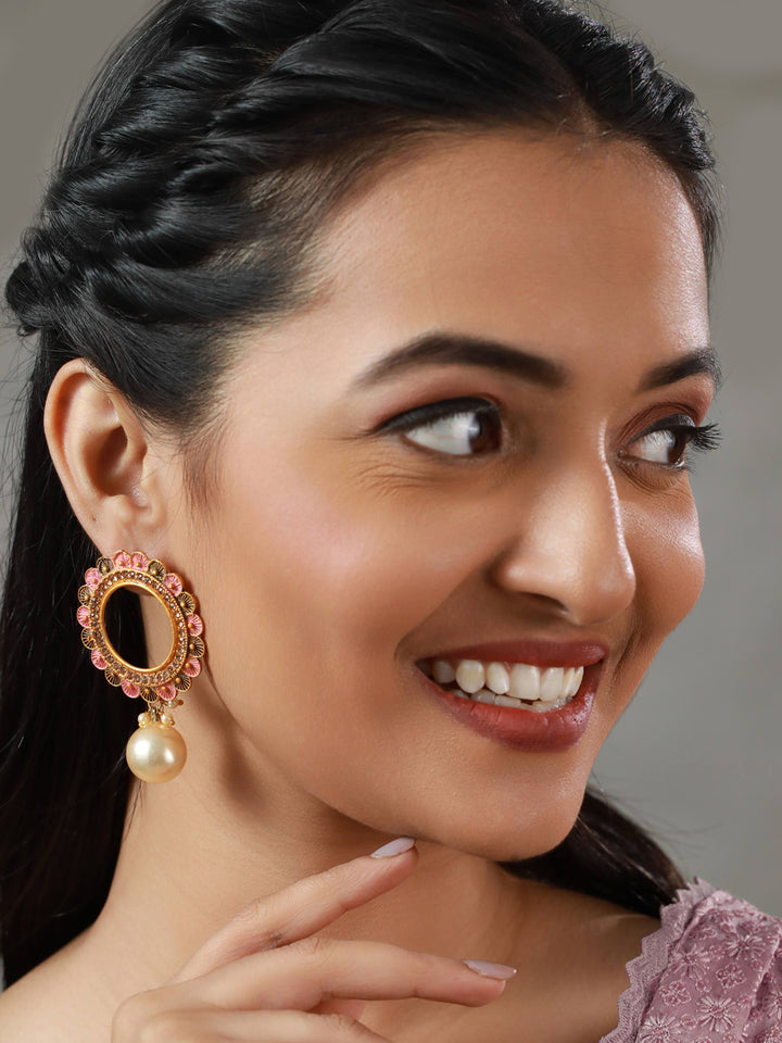 Priyaasi Pink Studded Floral Pearl Gold Plated Earrings